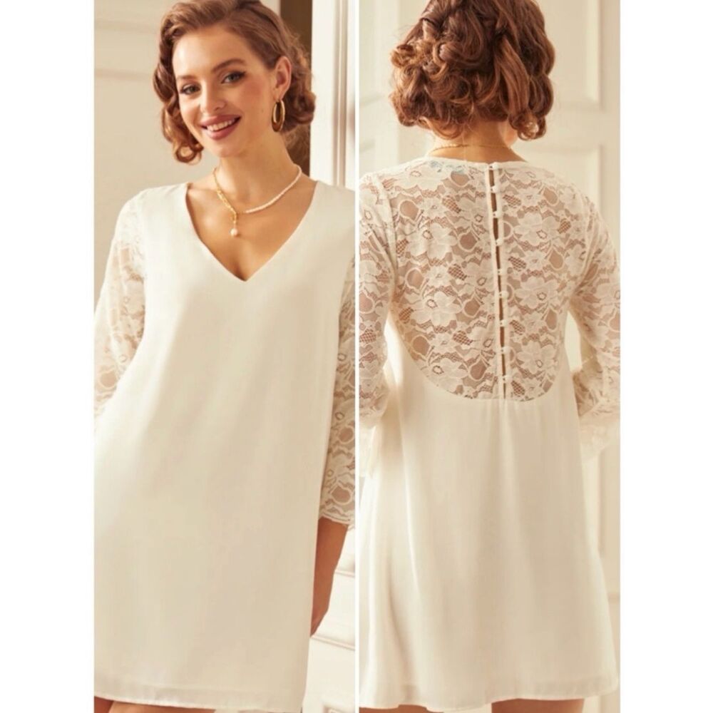 Modcloth Blushing With Bliss Cream Lace-Back Shift Dress M NWT